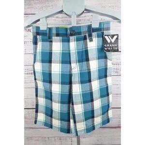 Shaun White Boys Size 12 Plaid Flat-Front Shorts Teal White Black Adjustable G4